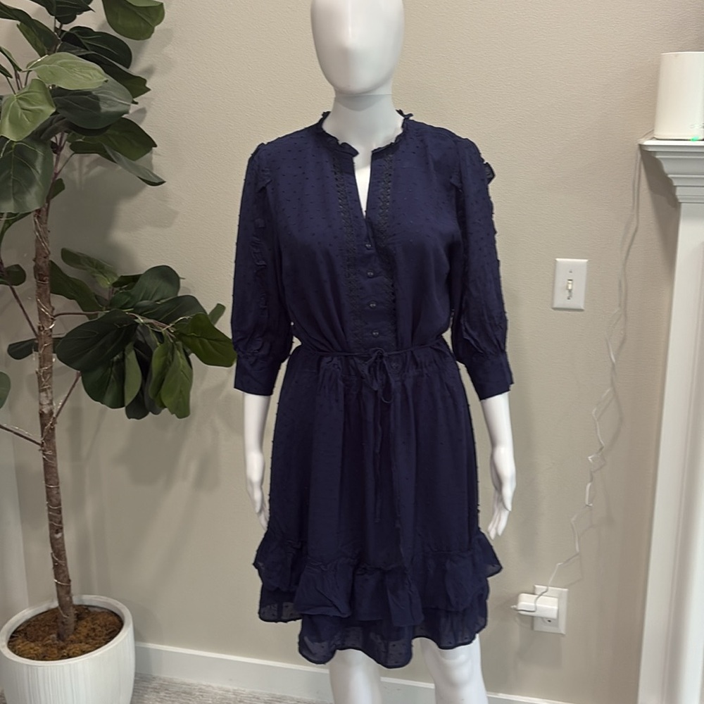 NWT ASOS Swiss Dot Ruffle Skater Dress Size 12 Oasis Navy Tie Waist Button Front - Picture 13 of 13